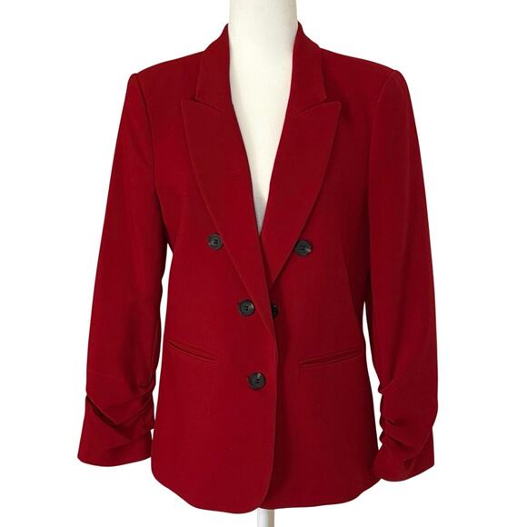 1.State Double Breasted Crepe Blazer Women's M Dark Red Ruched Sleeves Classic - Picture 1 of 12
